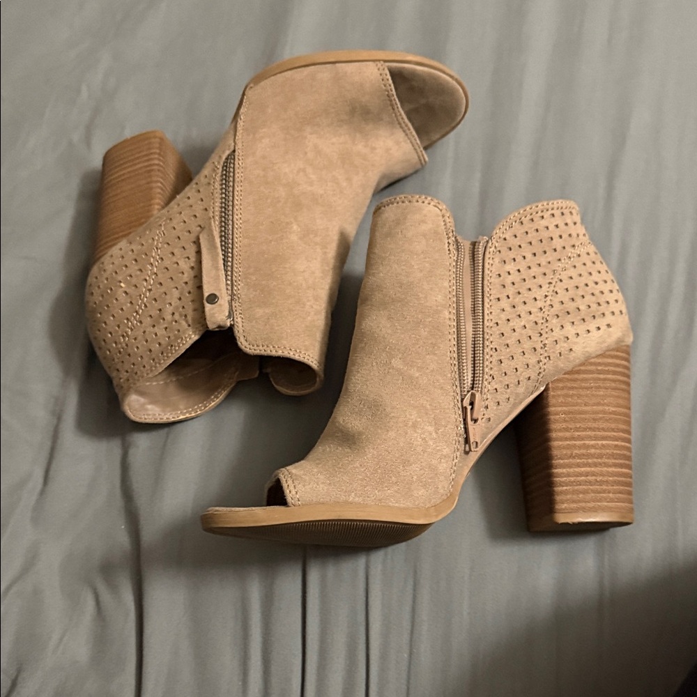 Tan Peep-Toe Ankle Boots